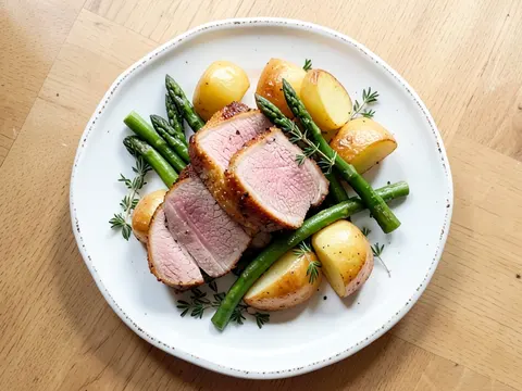 Veal with garlic, asparagus and potatoes