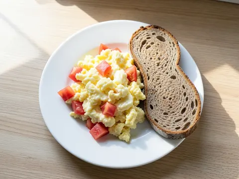 Scrambled eggs with tomatoes and whole grain bread