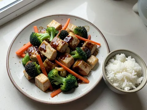 Wok with tofu, chicken and vegetables with rice