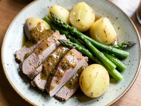 Veal with garlic, asparagus and potatoes