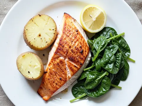 Baked salmon with spinach and potatoes
