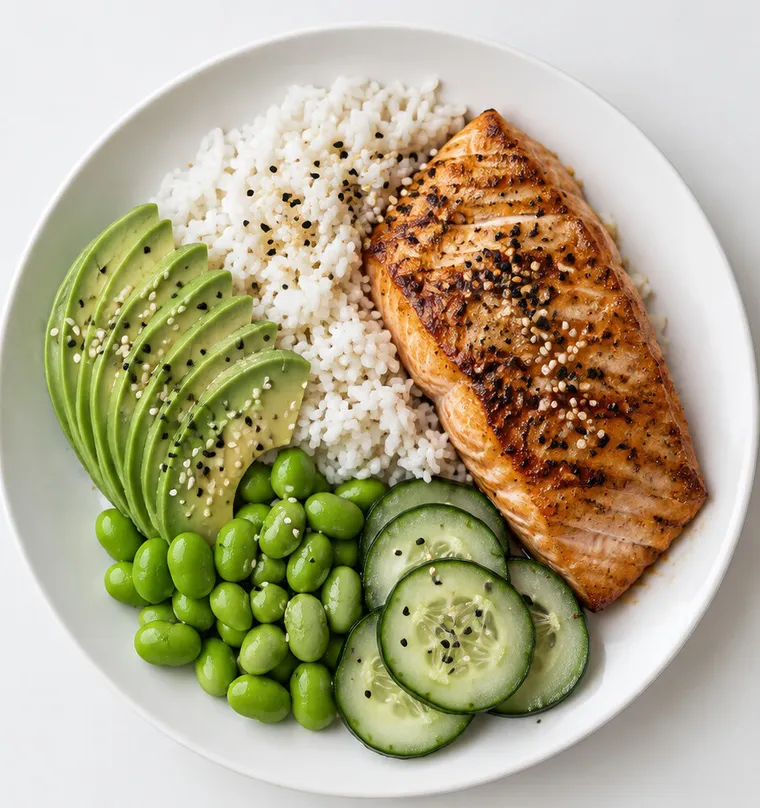 Grilled salmon poke-style rice bowl with avocado and edamame